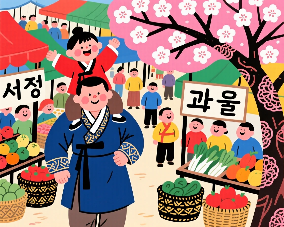 A boy riding on his father's shoulders through a crowded market beside a blossoming cherry tree.
