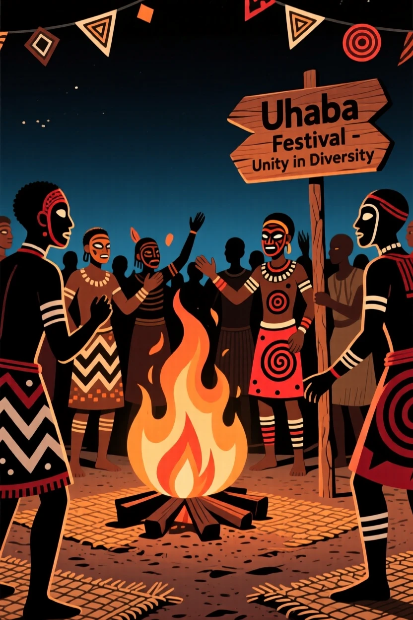 A festival crowd gathered around a central bonfire at night.