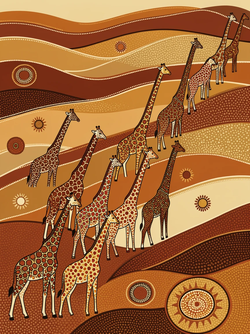 A herd of giraffes migrating across the plains