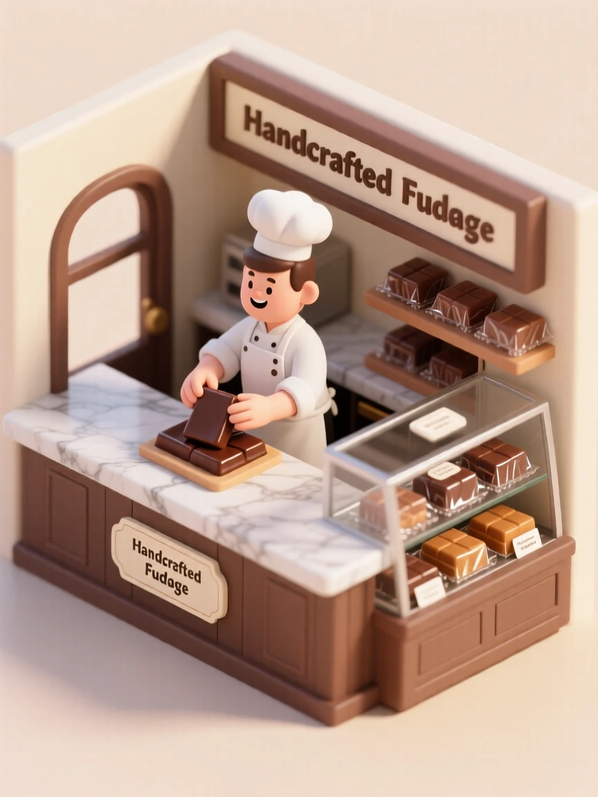A quaint fudge shop with a marble slab where a chef folds warm chocolate, wrapped squares stacked in a display case.