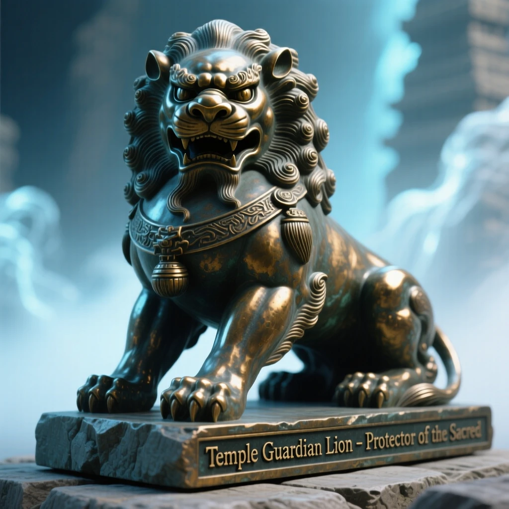 A temple guardian lion carved from living stone, bathed in ethereal, otherworldly glow, radiating awe and grandeur