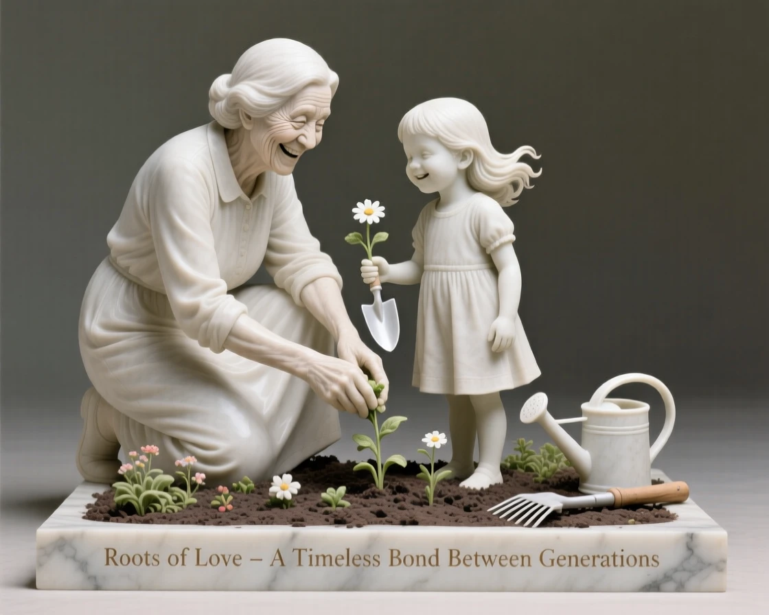 A heartwarming depiction of a grandmother and granddaughter gardening together, full of laughter and genuine connection