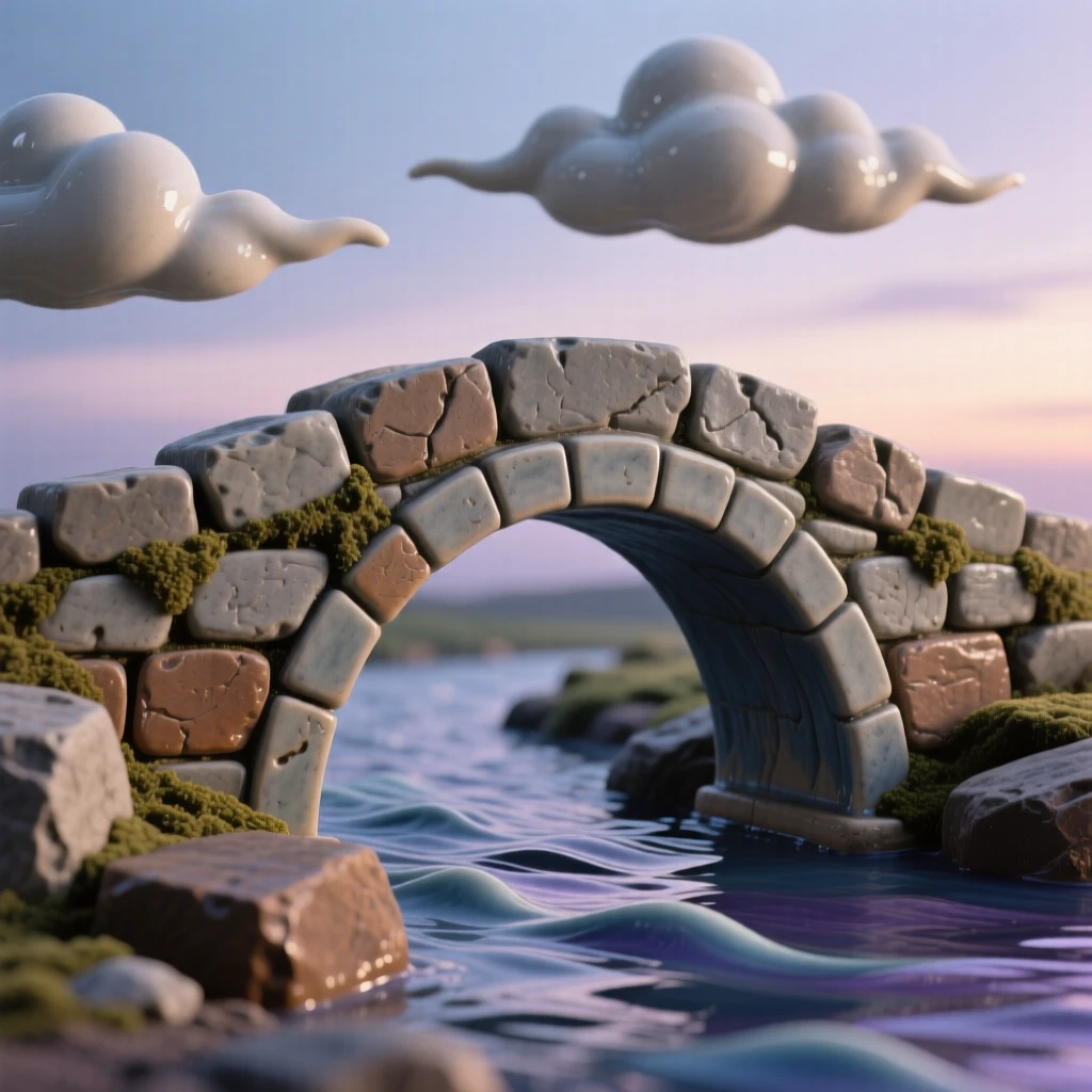 A weathered stone bridge arching over a river silhouetted against a fading twilight, framed by drifting clouds overhead, capturing the romance of a bygone era.
