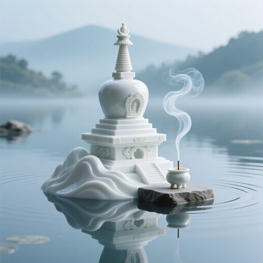 A serene hilltop stupa nestled in a tranquil reflecting lake, soft incense smoke curling upward.