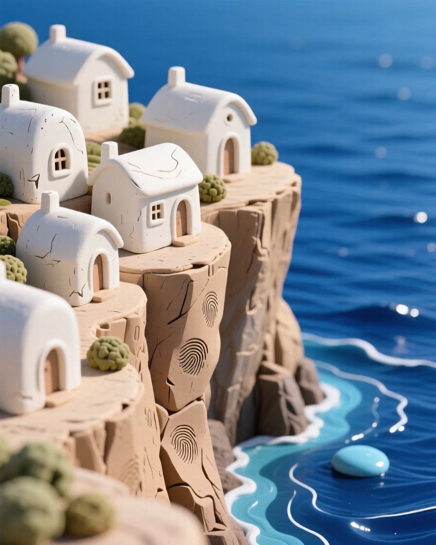 A cliffside village of white houses overlooking a deep blue sea