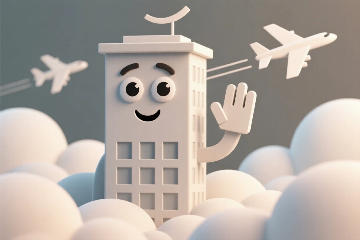 A cheerful skyscraper with window-pattern eyes peeks over fluffy clouds, waving to airplanes passing by.