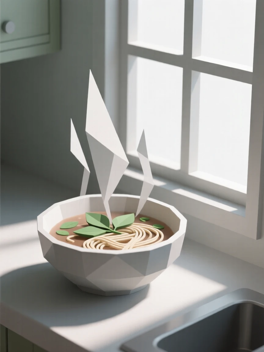 A bowl of steaming pho with fresh herbs, beside a sunlit kitchen window. soft natural light highlights rich textures and colors. It captures a simple, joyful moment.
