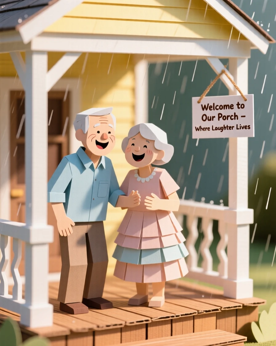 An elderly couple laughing together on a sunlit porch, with gentle rain misting the air, capturing the simple beauty of everyday moments.