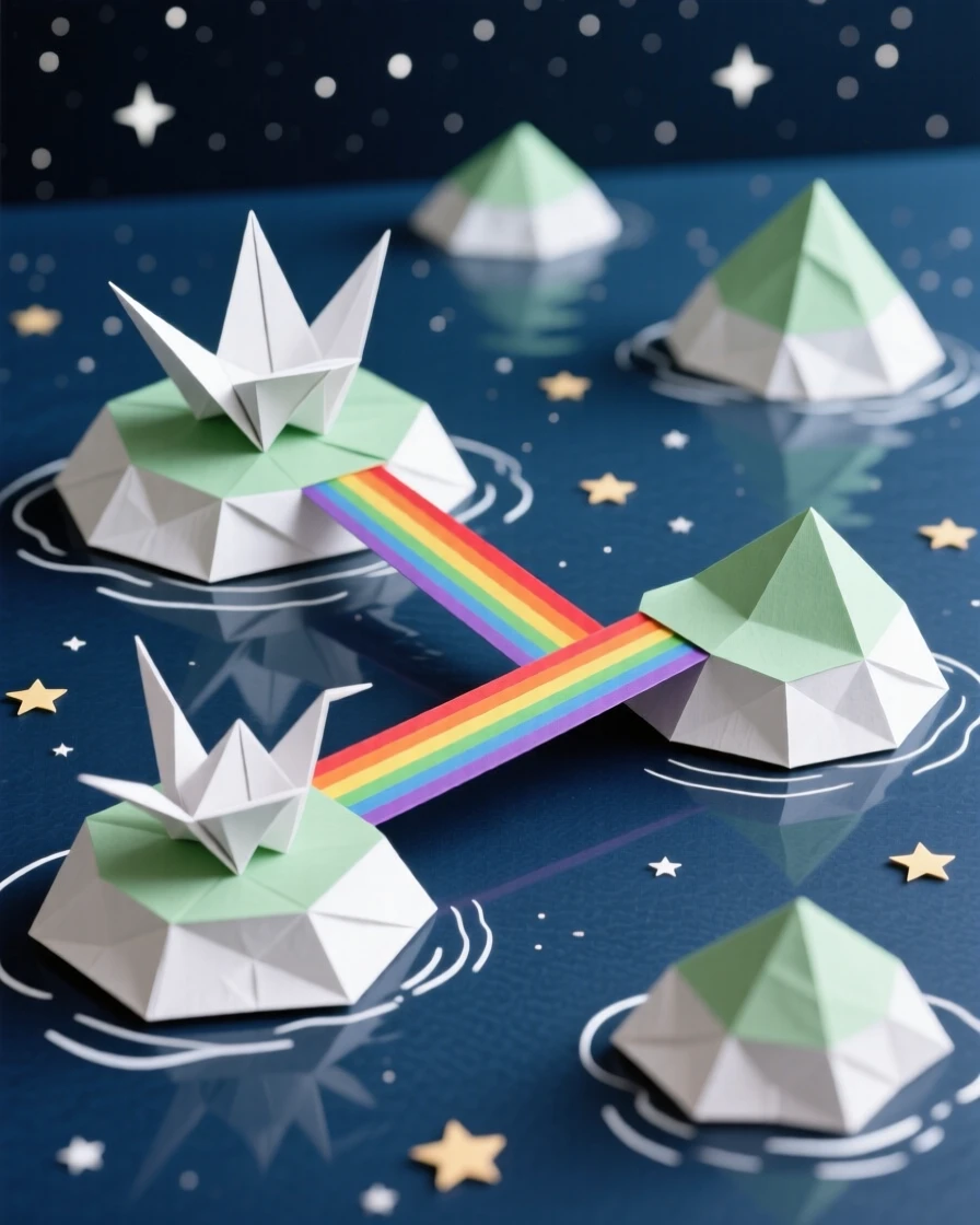 A floating archipelago of tiny islands connected by rainbow bridges over a starlit sea.