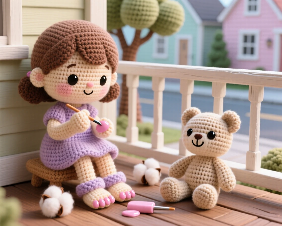 A tender everyday moment: a little girl painting her nails carefully with cotton balls between her toes, admiring a fresh coat of pastel polish inside a quiet porch overlooking a peaceful street; a favorite well-loved stuffed toy completes the scene, full of quiet satisfaction in a small task well done.