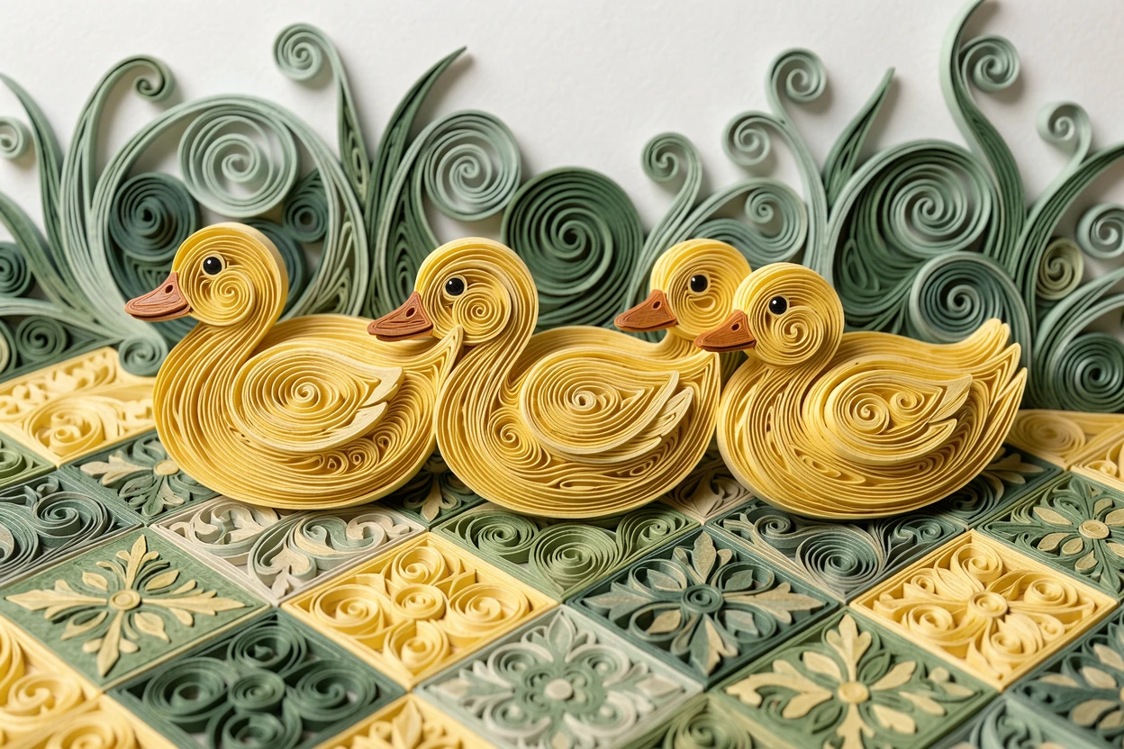 A heartwarming scene of a duckling family paddling in a neat row on a quilted patchwork blanket in a backyard, viewed from a low playful angle, in a palette of buttery yellow and sage green.