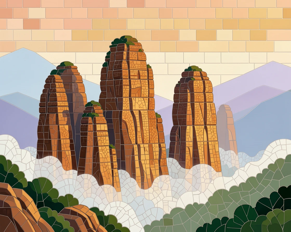 A breathtaking wide-angle view of the misty peaks of Zhangjiajie's sandstone pillars, with rich warm lighting and fine architectural detail.