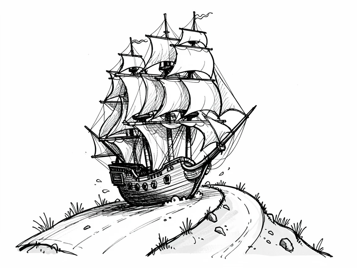 A tall sailing ship with billowing sails climbing a winding hillside road.