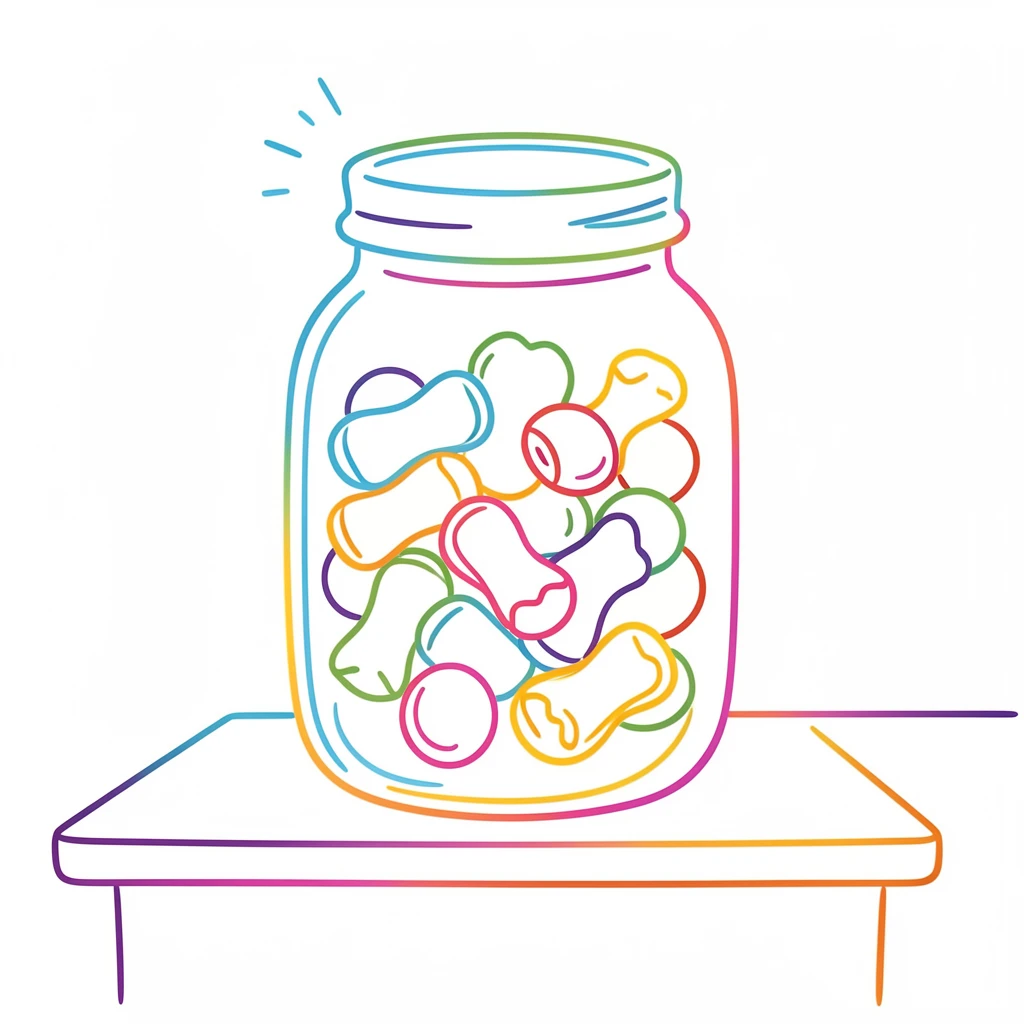 A jar of colorful hard candies displayed on a bakery counter.