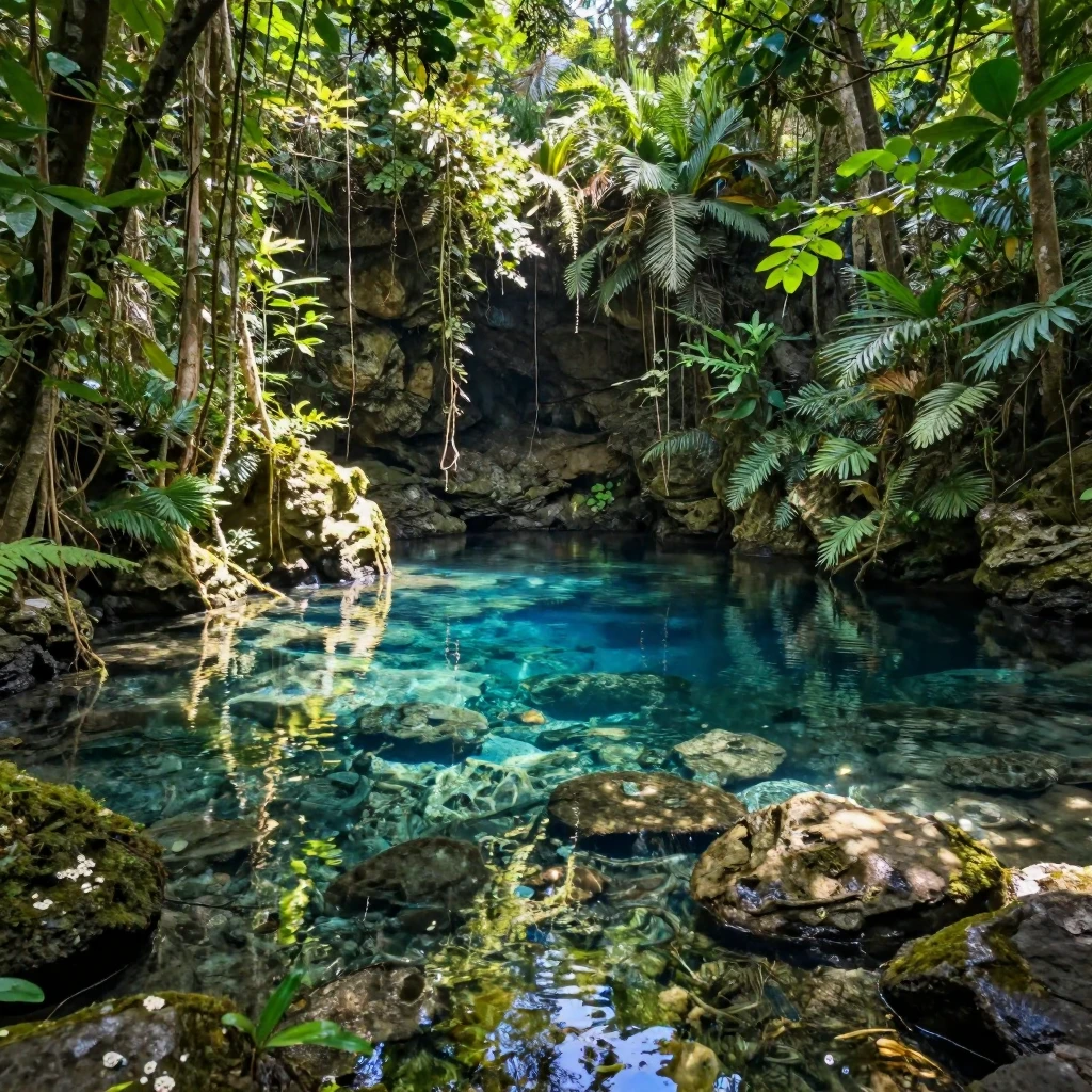 A crystal clear cenote surrounded by jungle vines