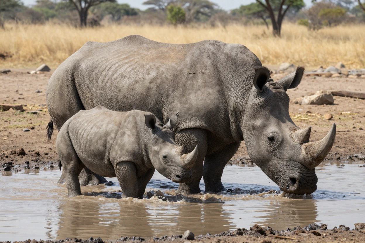 A rhinoceros and her calf wade through a muddy watering hole together.