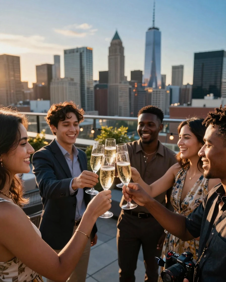 A group of friends toasting champagne on a rooftop terrace overlooking a city