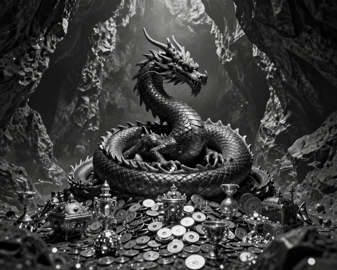 A dragon coils atop a mountain of treasure inside a cavernous mountain lair.
