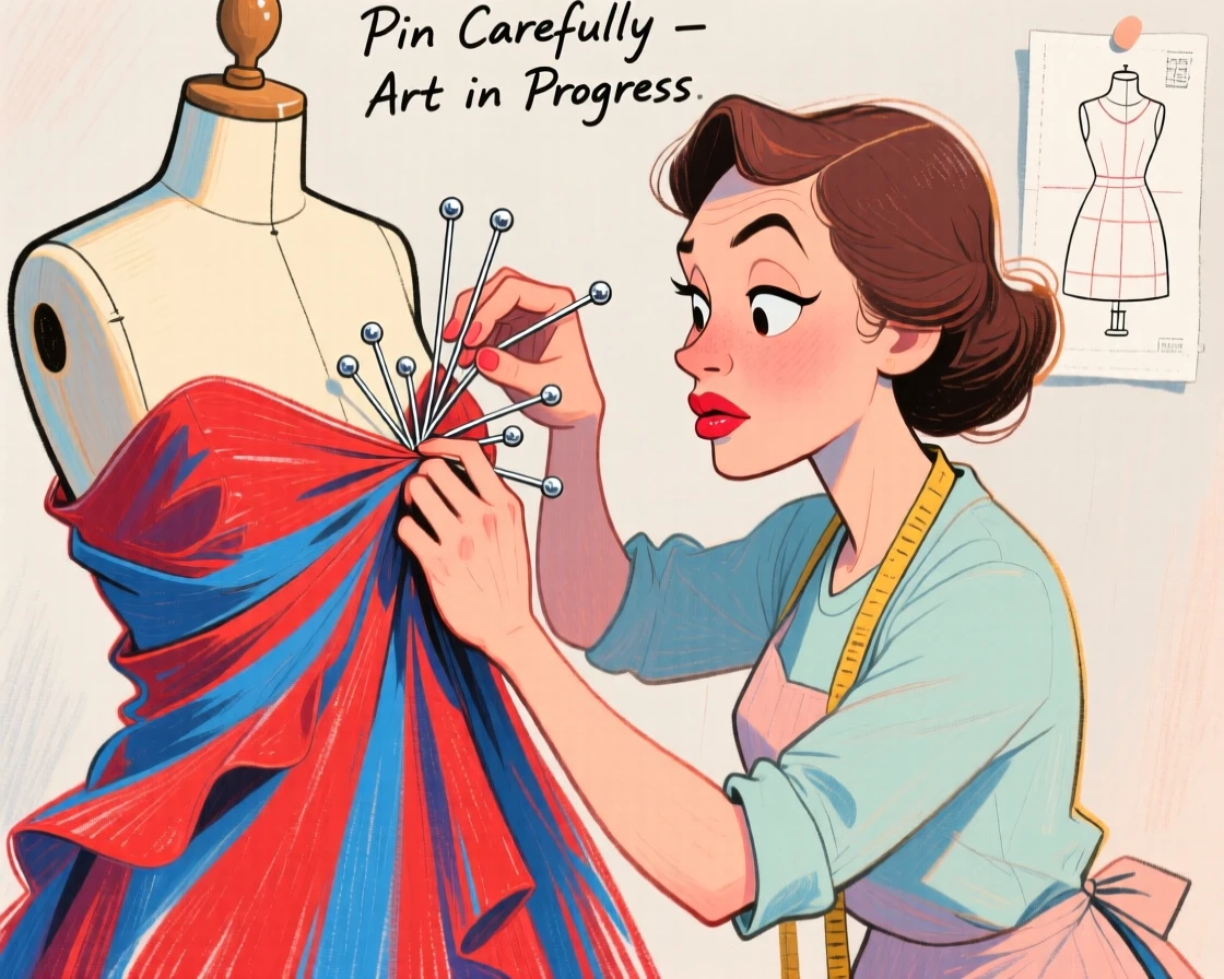 A seamstress pinning fabric on a dress form, pins held between pursed lips.