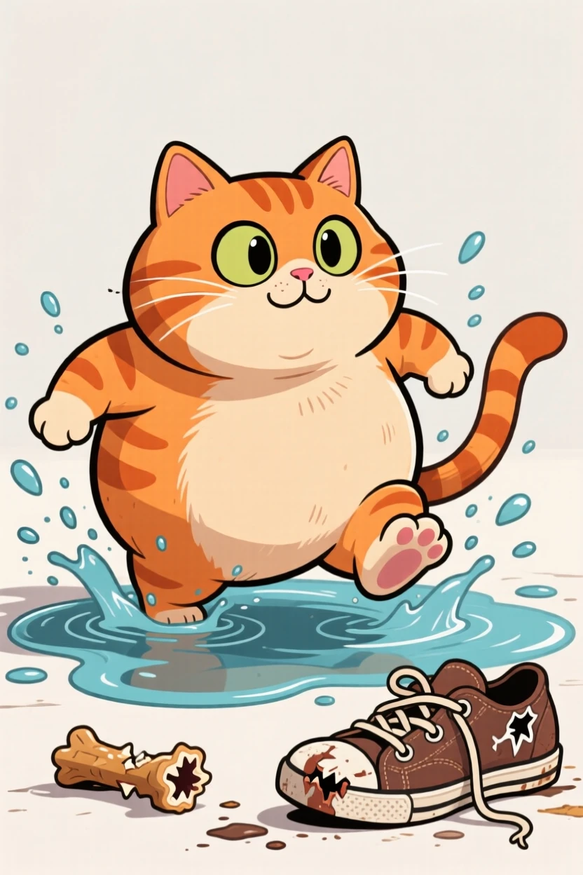 A playful pet moment featuring a plump orange tabby cat splashing gleefully through a puddle, with a guilty look and a chewed-up shoe nearby.