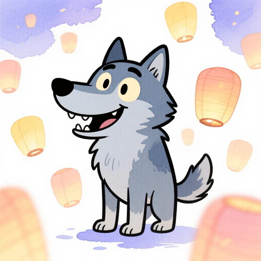 A talking wolf companion surrounded by floating lanterns at twilight