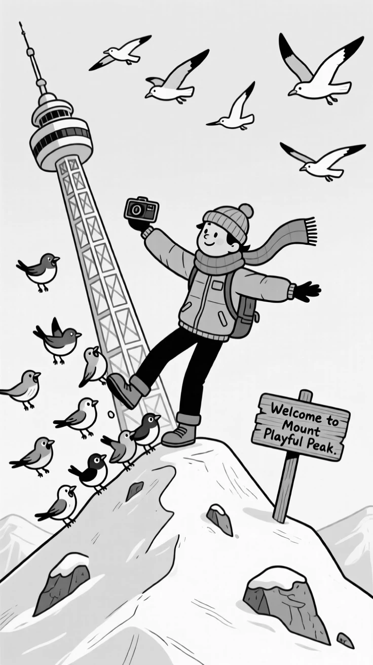 A tourist balancing precariously for a tilted-tower photo, getting swarmed by an eager flock, set at the peak of a snow-dusted mountain. Seagulls circle hopefully overhead. The image feels like a postcard brought playfully to life.