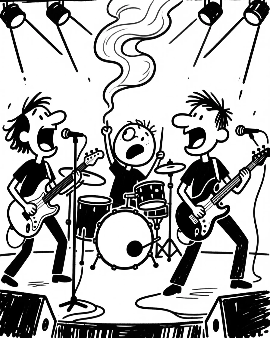 A rock band performing energetically on stage, spotlights and smoke swirling.