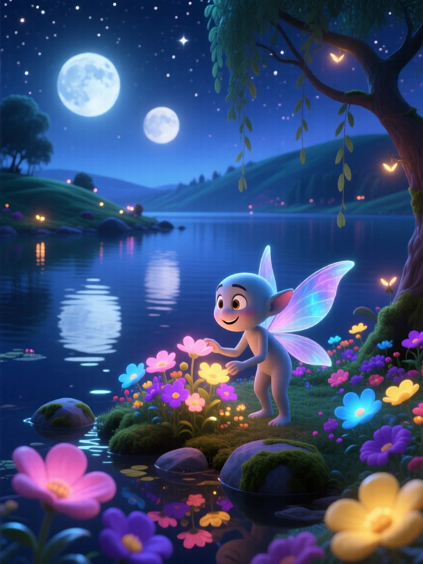 A moonlit sprite stands beside a lake reflecting two moons, tending to a garden of luminous flowers. The atmosphere feels mystical yet warmly inviting, with soft glowing light illuminating every surface.