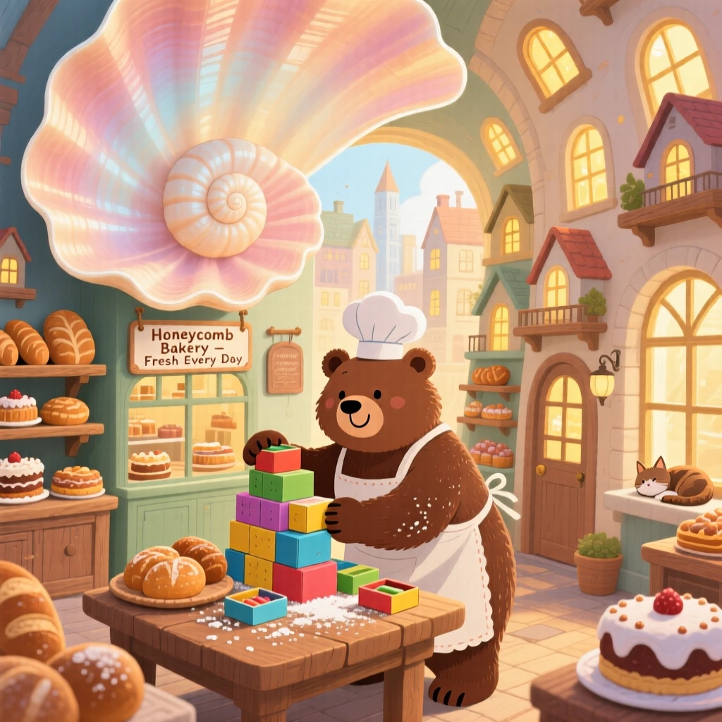 In a city built inside a giant seashell, a bear who runs a bakery spends the day building a village out of matchboxes, while a warm glow radiates from every window.