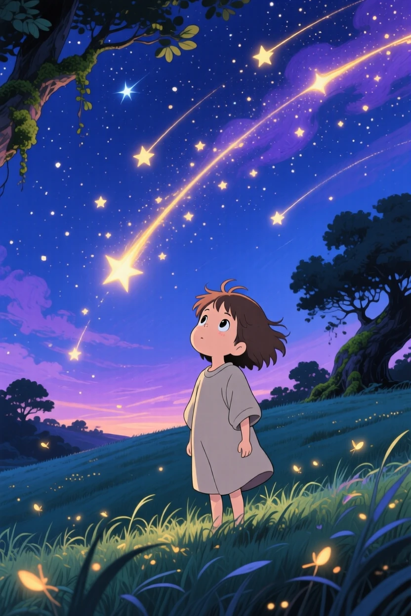 A nighttime scene of a child gazing up at a sky full of shooting stars, softly glowing with warmth.