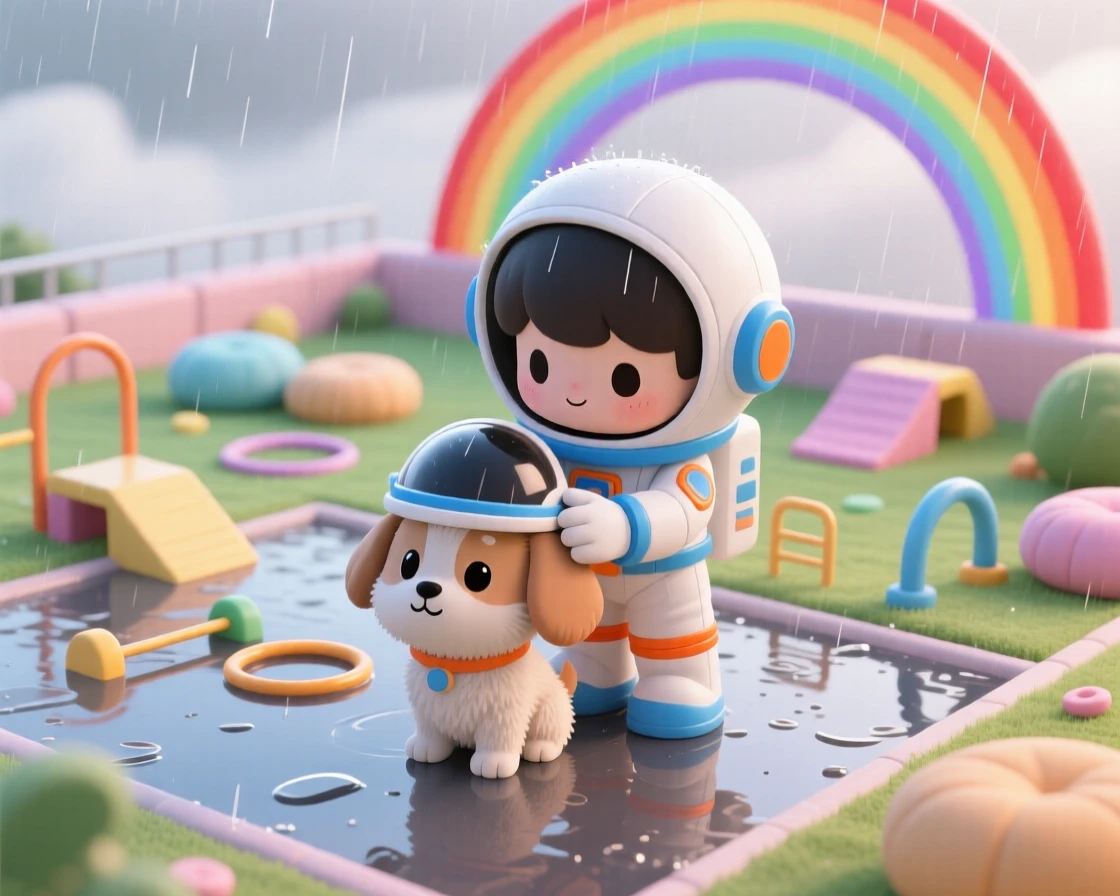 Bird's-eye view: a small astronaut trainer, teaching a puppy to wear a tiny helmet, set against a playful training yard under a rainbow after the rain, with diffused overcast light and a mood of sleepy relaxation.