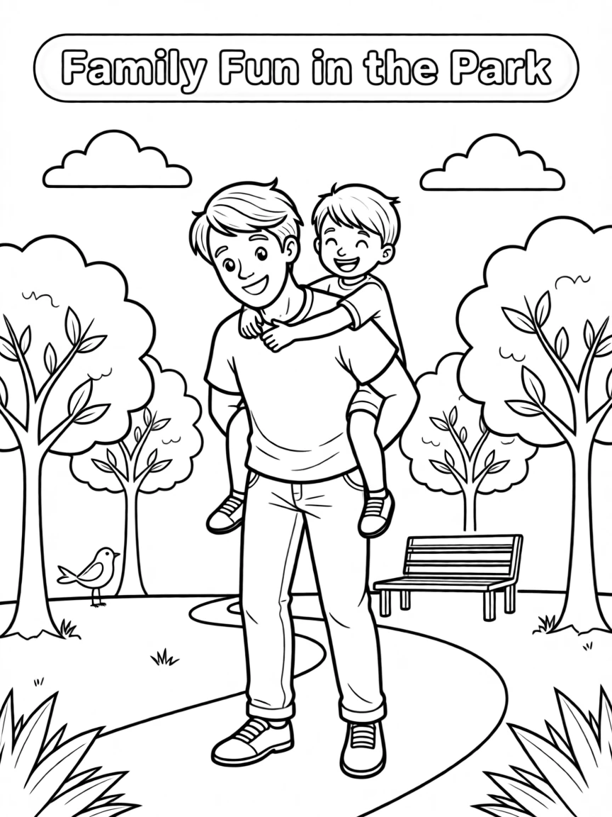 A father giving his child a piggyback ride through a park