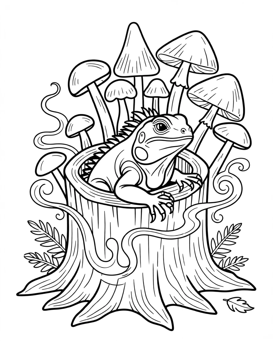 A green iguana nestled in a hollow log surrounded by mushrooms, with mist curling around its paws.