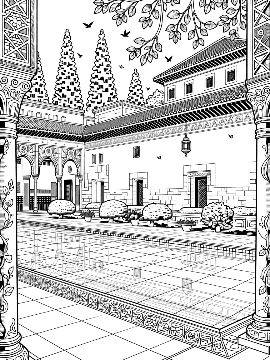 Intricate courtyards and reflecting pools of an ancient palace complex.