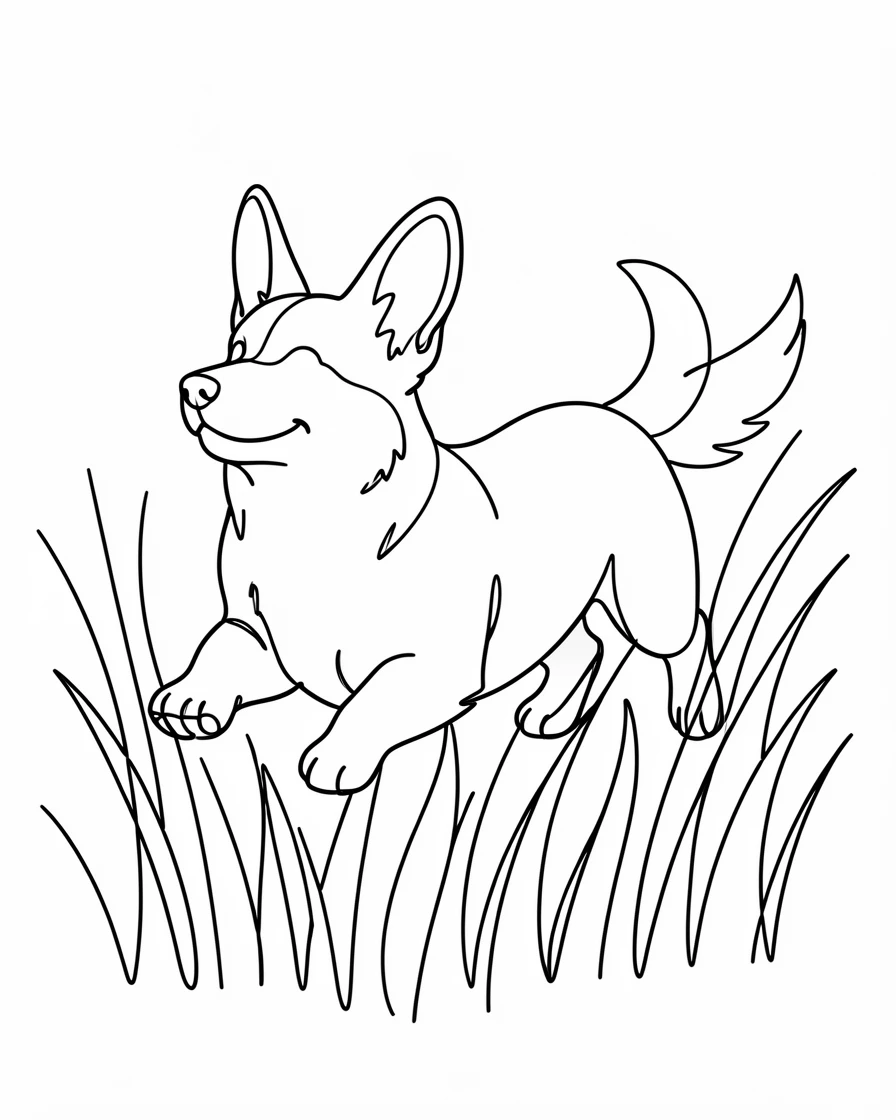 A corgi dog running joyfully through a field of tall grass, ears flopping