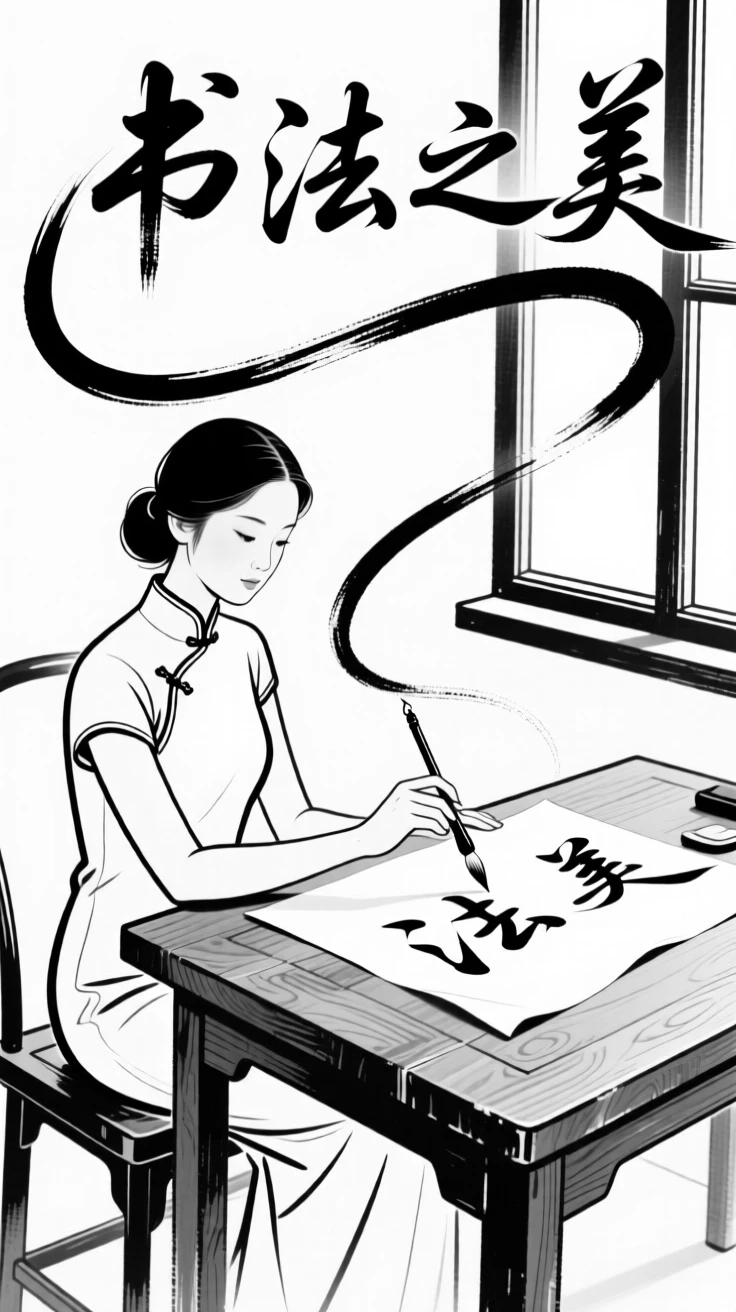 A woman practicing calligraphy at a wooden desk by a window.