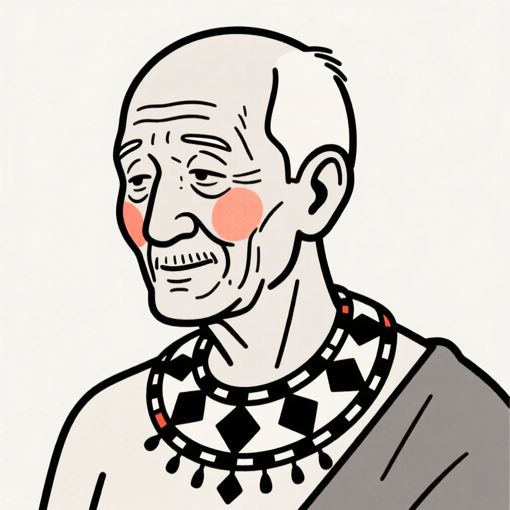 An elderly man wearing a Maasai beaded collar, glowing with nostalgia.
