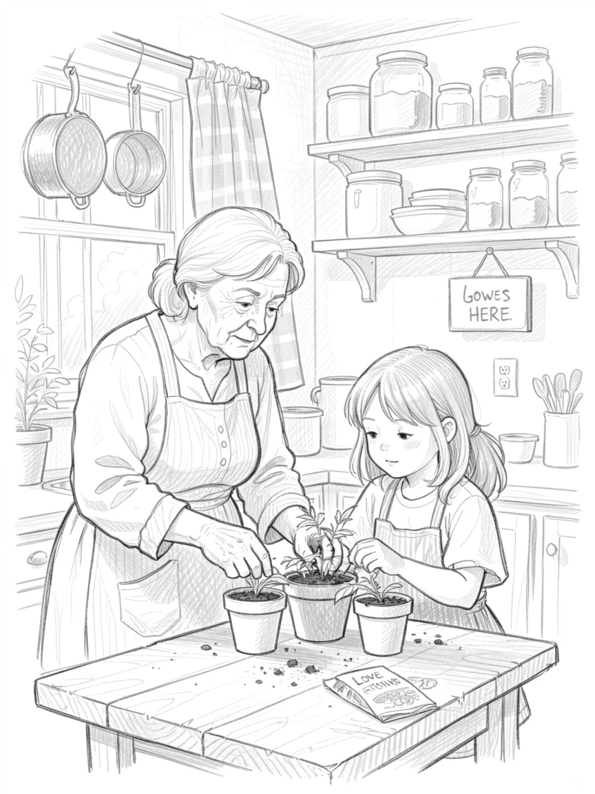Grandmother and granddaughter tending a garden, in a cozy kitchen, brimming with heartfelt love.