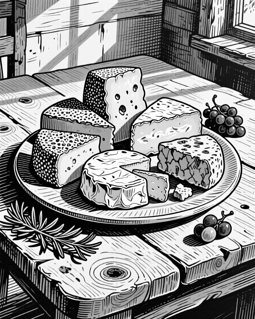 A platter of artisan cheeses set on a farmhouse table, with sunlight catching the glossy surface, presented in a fresh and vibrant culinary still life.