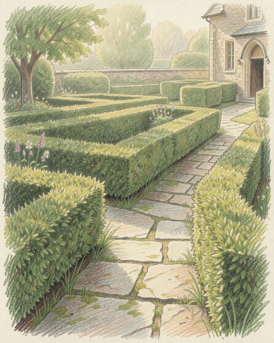 A quiet monastery garden with rows of clipped hedges and stone paths, captured in a quiet, intimate moment full of atmosphere, full of charm, emotion, and visual delight.