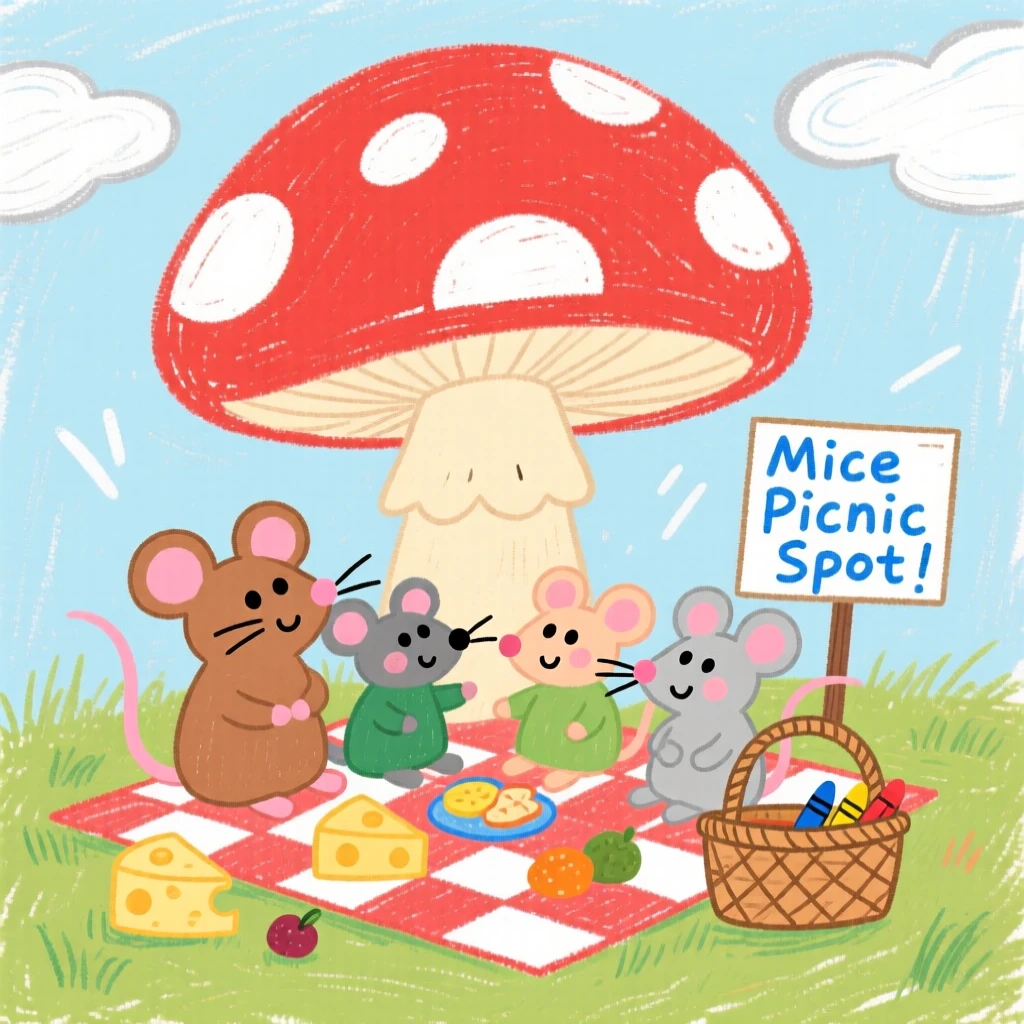A family of mice having a picnic beneath a giant mushroom.