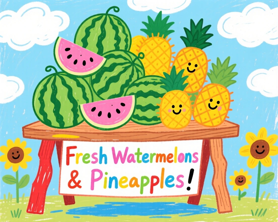 A fruit stand piled high with watermelons and pineapples.