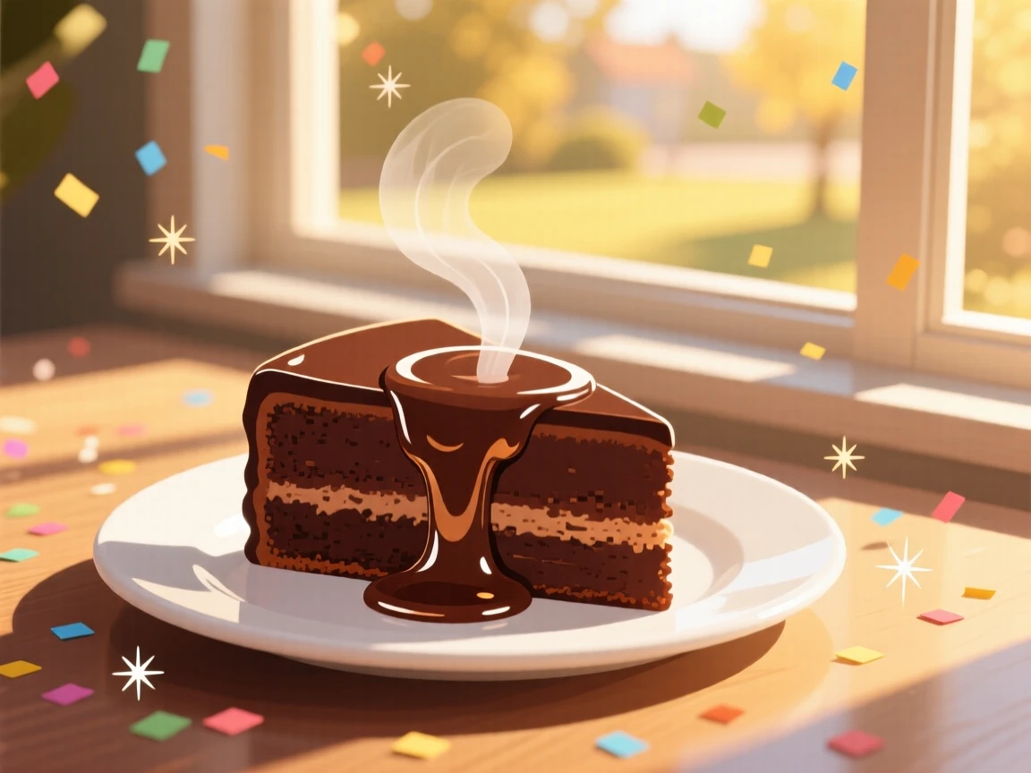 A slice of rich chocolate cake with a molten center, placed near a window with warm afternoon light, composed with steam rising for a warm, inviting feel, with a joyful, celebratory feel.