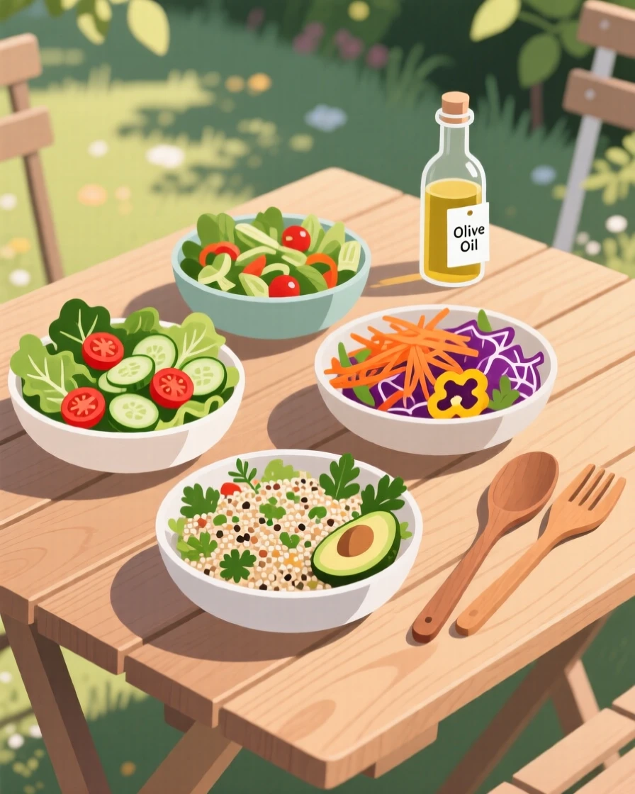 A selection of fresh salads beautifully displayed on a wooden table at a garden party.