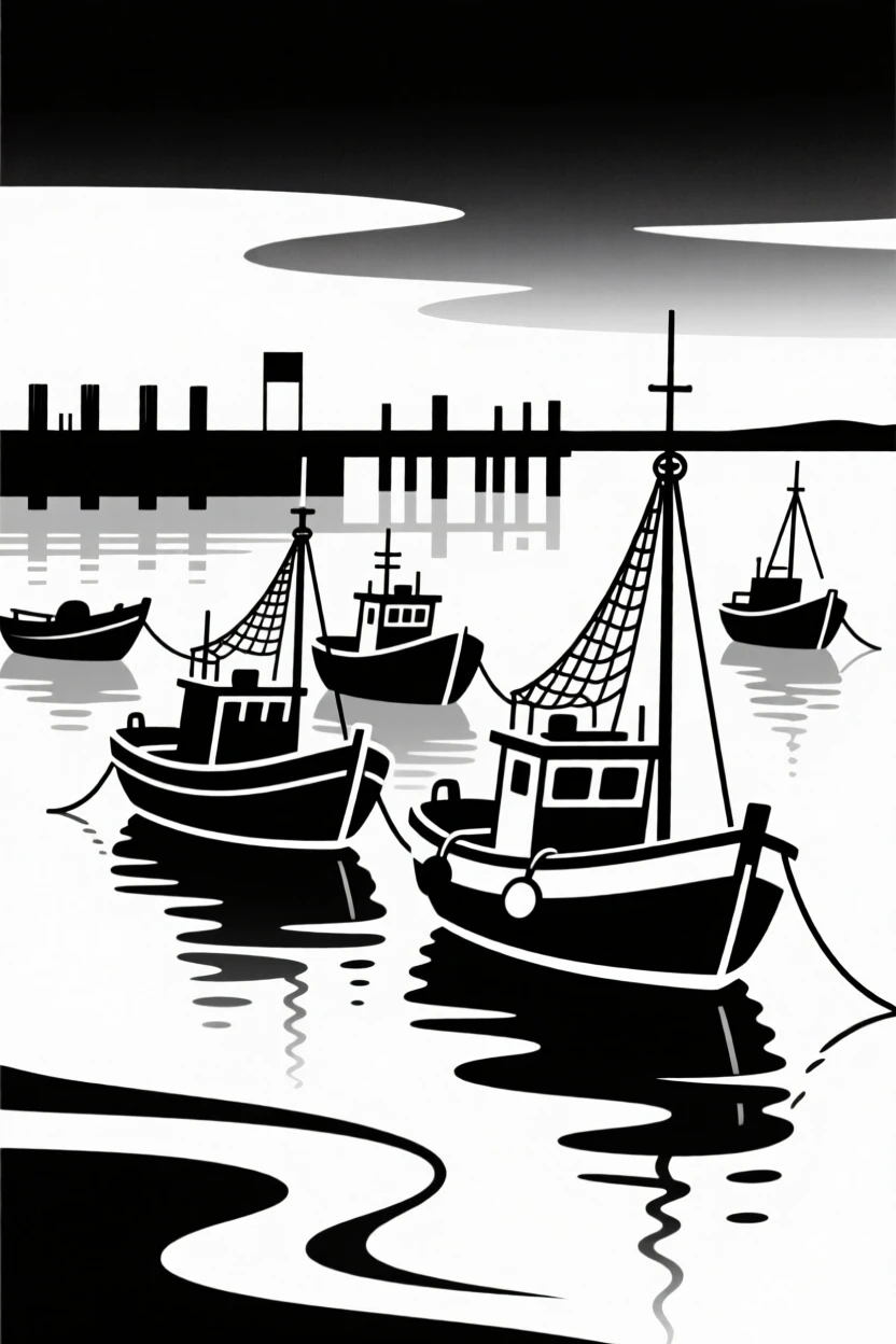 A quiet harbor at dusk with fishing boats.