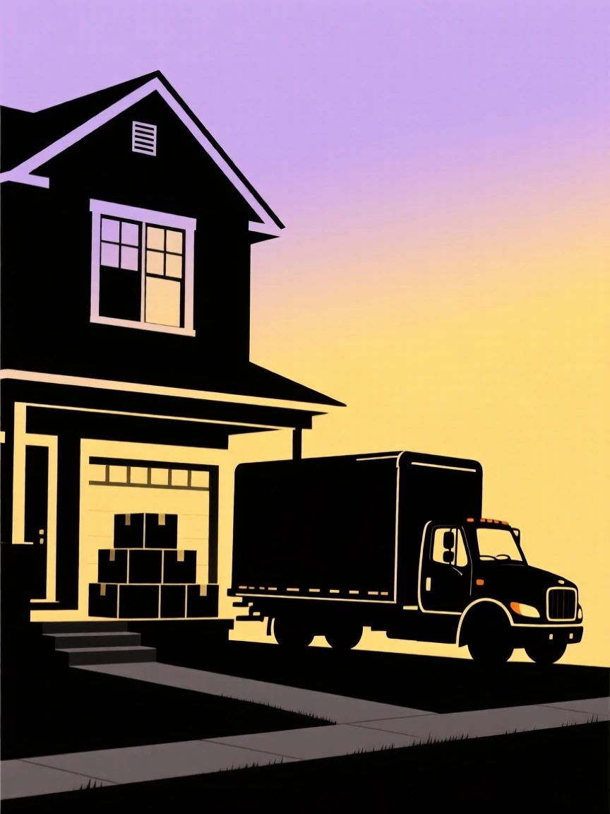 A moving truck parked outside a new house, boxes stacked on the porch.