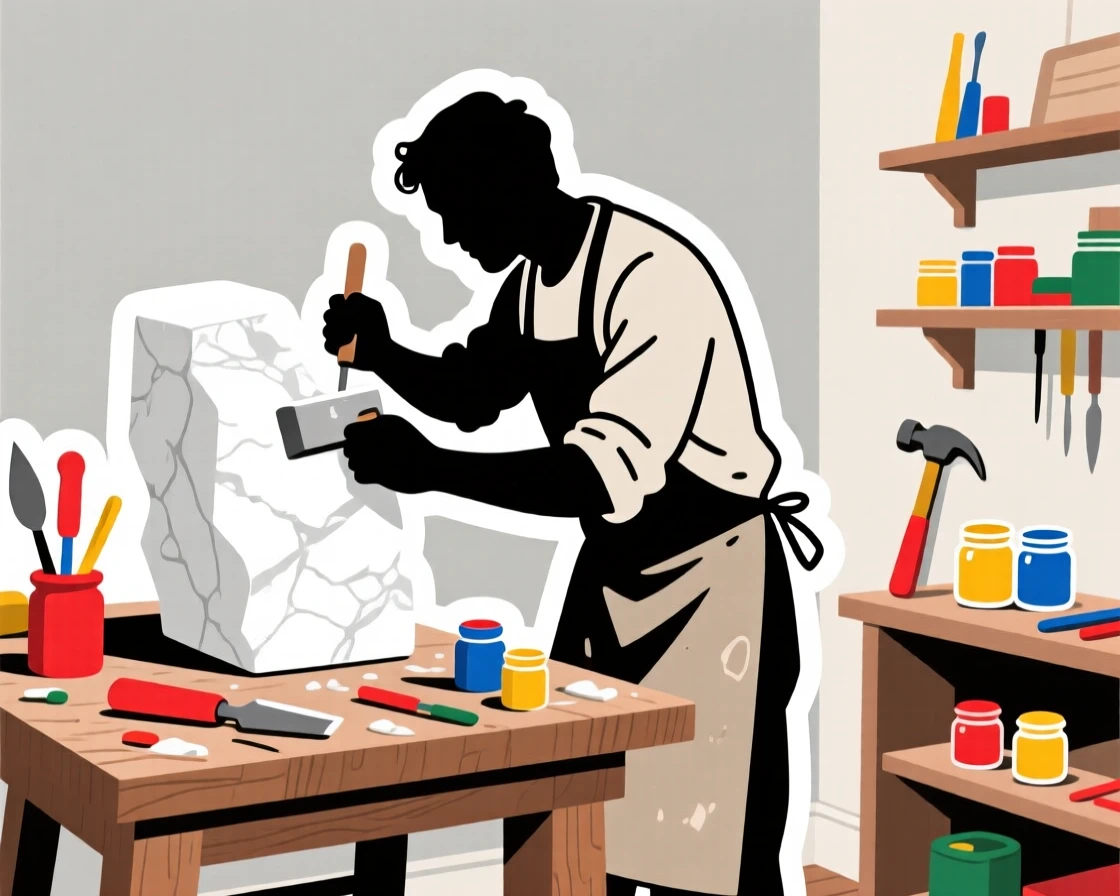 A completely absorbed sculptor chiseling a block of marble, with colorful materials spread all around, in a peaceful home corner dedicated to their craft.