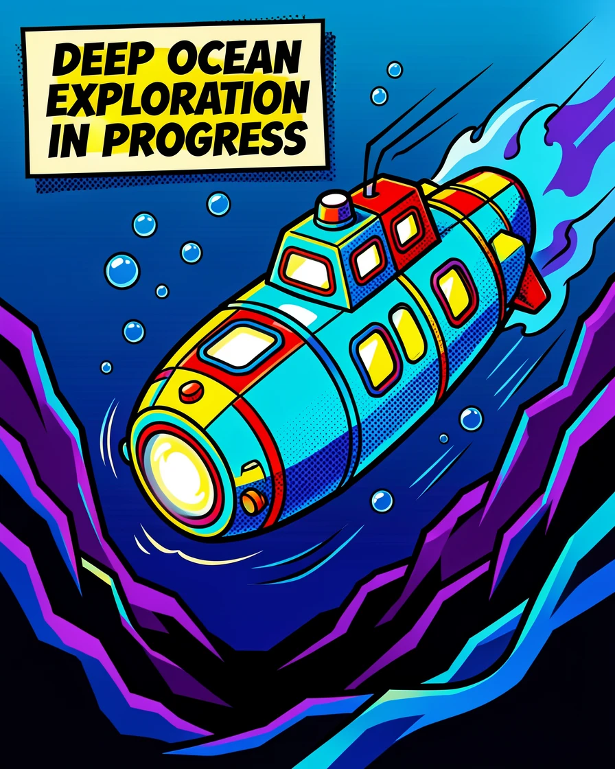 An underwater research submarine exploring a deep ocean trench