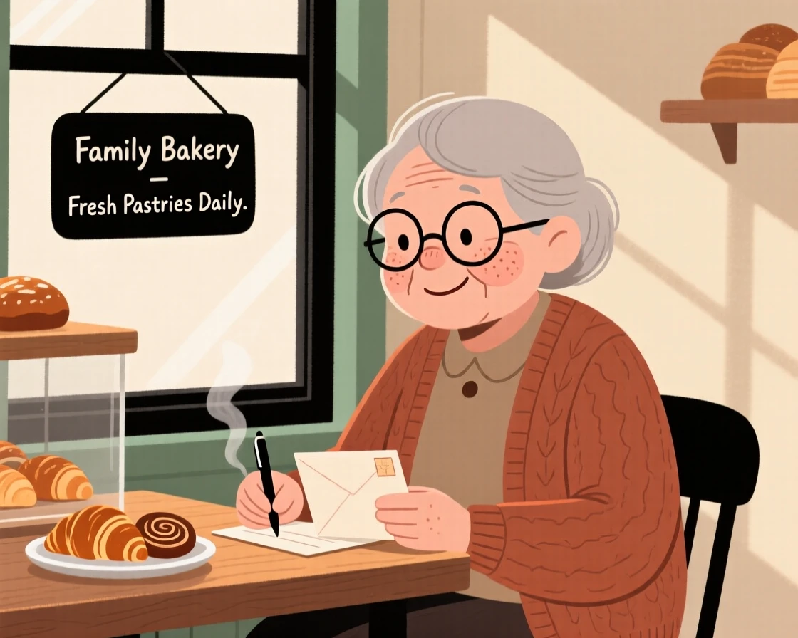 A elderly woman sits by the window of a small family bakery, writing postcards as the smell of warm pastries fills the air.