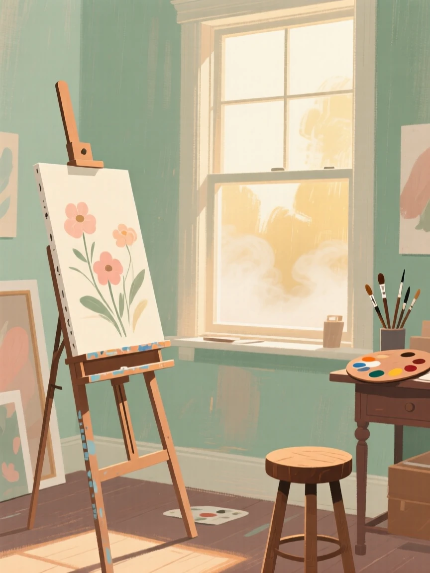 A quiet artist's studio with an easel beside a sunlit window